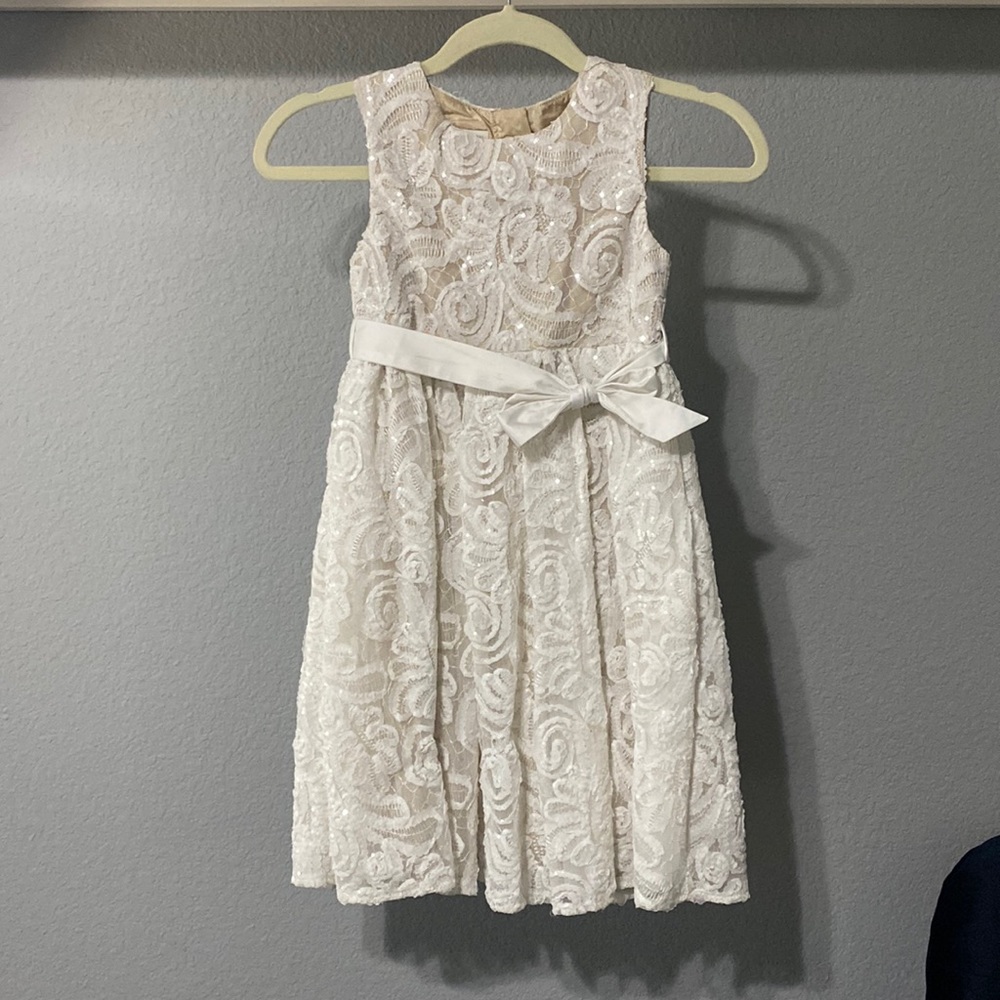 Champagne & white embroidered girls dress with sequin accents & bow - girls 7